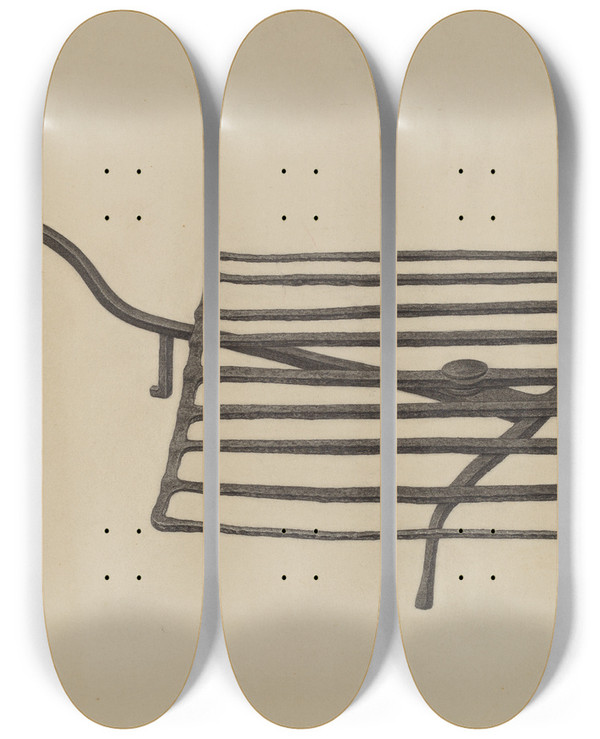 Triptych art skateboard deck of Mildred Ford Gridiron by Mildred Ford (20-)