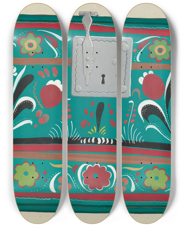 Triptych art skateboard deck of Majel G Claflin Painted Chest by Majel G Claflin (1893-1941)