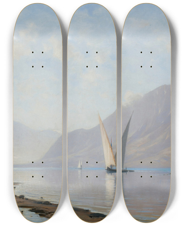 Triptych art skateboard deck of Auguste Veillon Lake Geneva by Auguste Veillon (1834-1890)