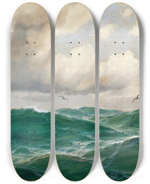 Triptych art skateboard deck of Max Jensen A Seascape With Seagulls by Max Jensen (1860-1907)