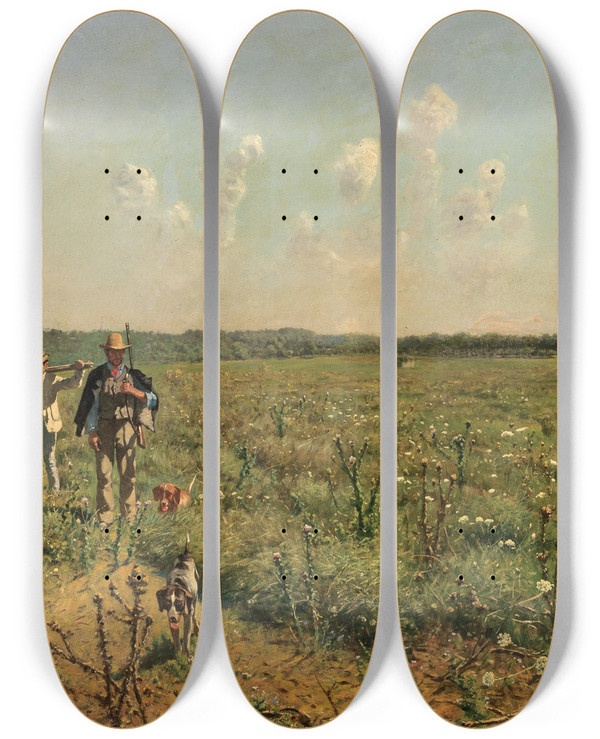Triptych art skateboard deck of Eduardo Monteforte Quail Hunting With Pointing Dogs by Eduardo Monteforte (1849-1933)