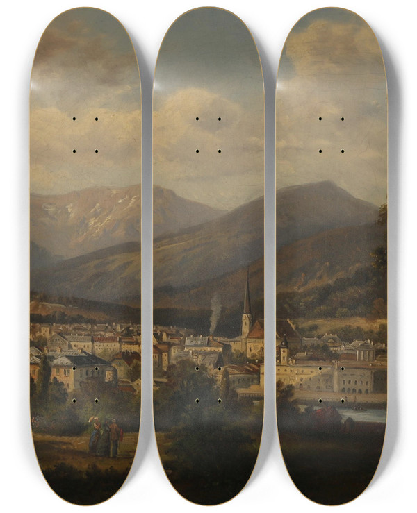 Triptych art skateboard deck of Gustav Barbarini Blick Auf Bad Ischl by Gustav Barbarini (1840-1909)
