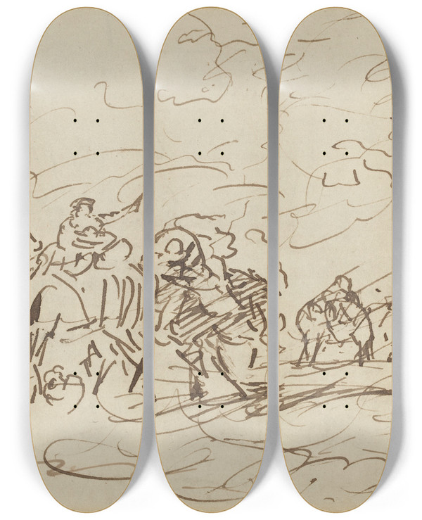 Triptych art skateboard deck of Johan Joseph Zoffany Sandstorm In The Desert Overtaking A Caravan by Johan Joseph Zoffany (1733-1810)