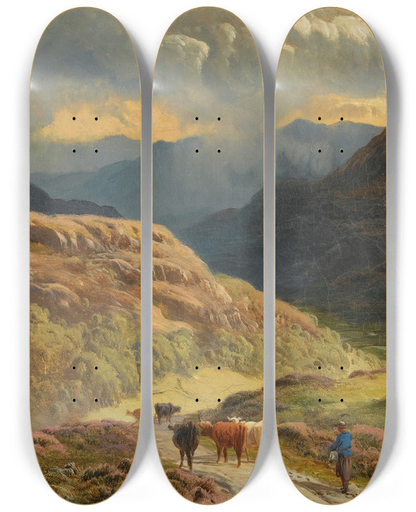 Triptych art skateboard deck of Sidney Richard Percy Mountainous Lake Scene With Figures And Cattle by Sidney Richard Percy (1821-1886)