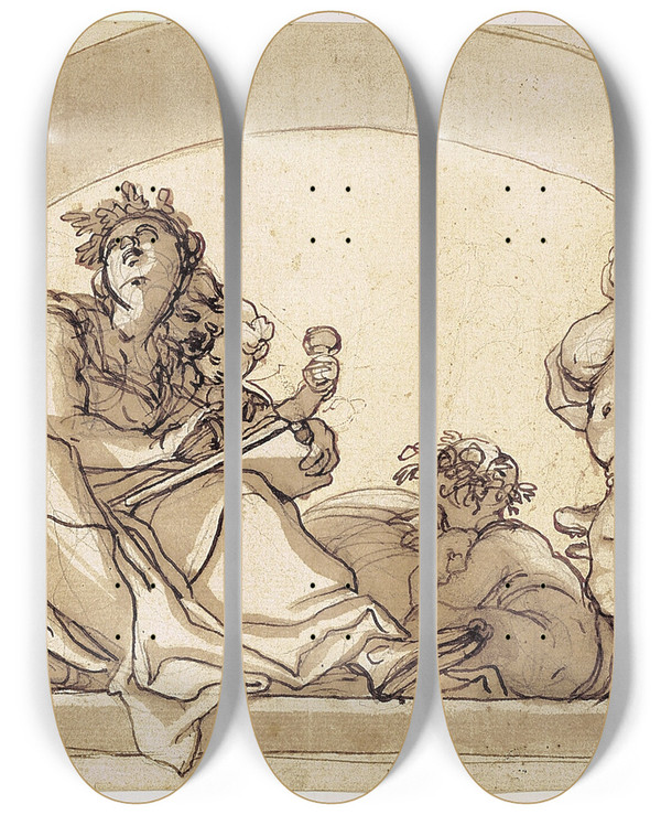 Triptych art skateboard deck of Domenico Piola Digtekunsten Omringet Af Brn I En Lynette by Domenico Piola (1627-1703)