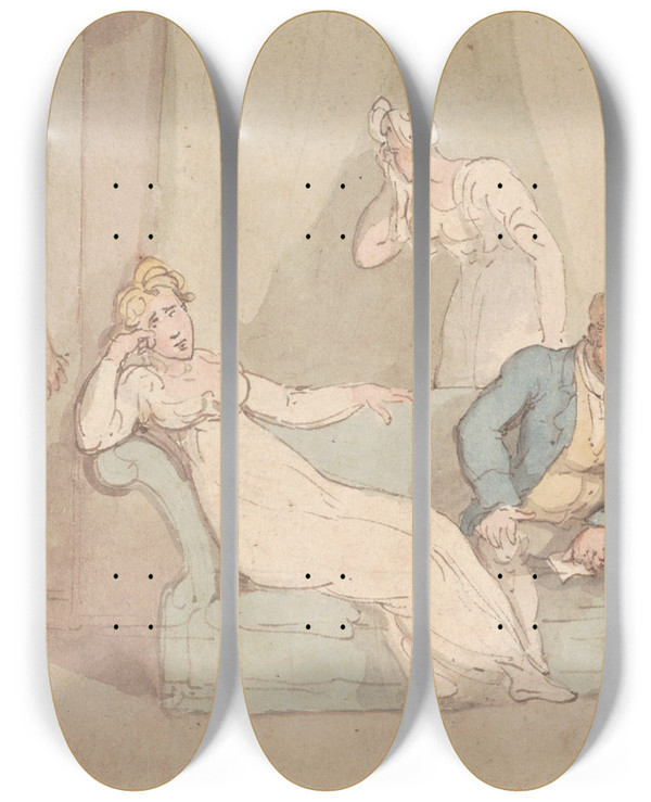 Triptych art skateboard deck of Thomas Rowlandson The Ruined Gamester by Thomas Rowlandson (1756-1827)