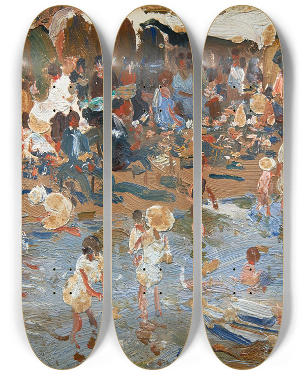 Triptych art skateboard deck of Cecilio Pl En La Playa On The Beach by Cecilio Pla (1860-1934)