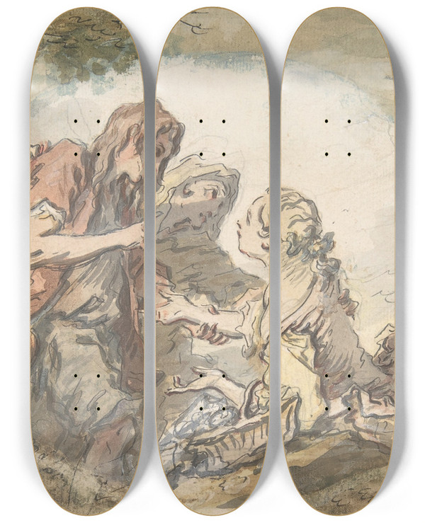 Triptych art skateboard deck of Franois Boucher The Fortune Teller by Francois Boucher (1703-1770)