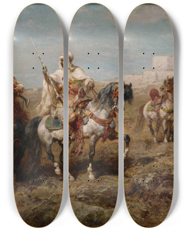 Triptych art skateboard deck of Adolf Schreyer Arabs On Horseback by Adolf Schreyer (1828-1899)