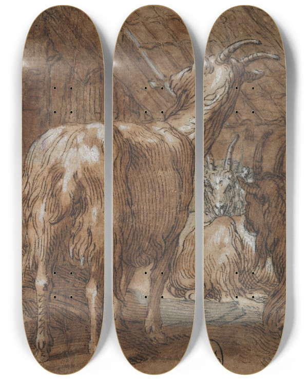 Triptych art skateboard deck of Abraham Bloemaert A Barnyard With Goats And A Goatherd by Abraham Bloemaert (1564-1651)