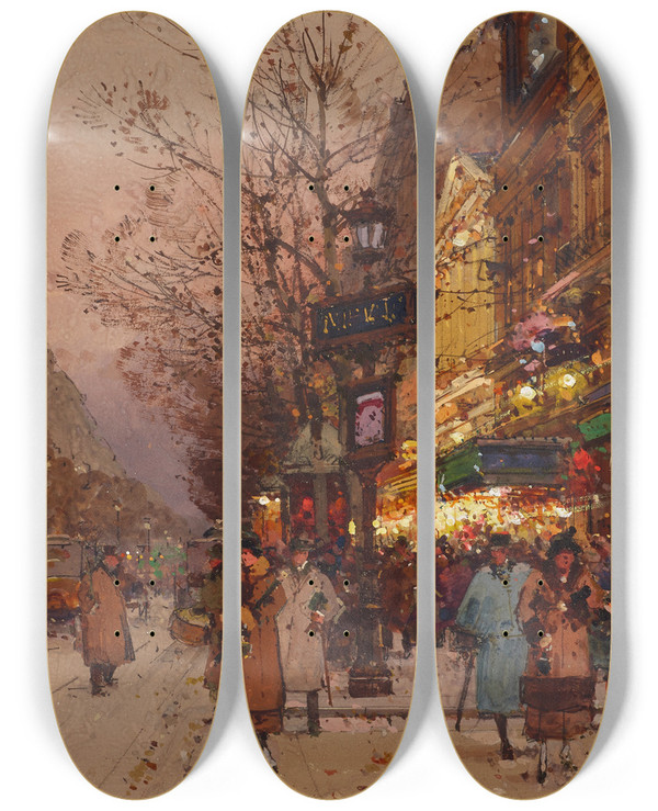 Triptych art skateboard deck of Eugne Galienlaloue Les Grands Boulevards Prs Du Thtre Des Varits by Eugene Galien Laloue (1854-1941)