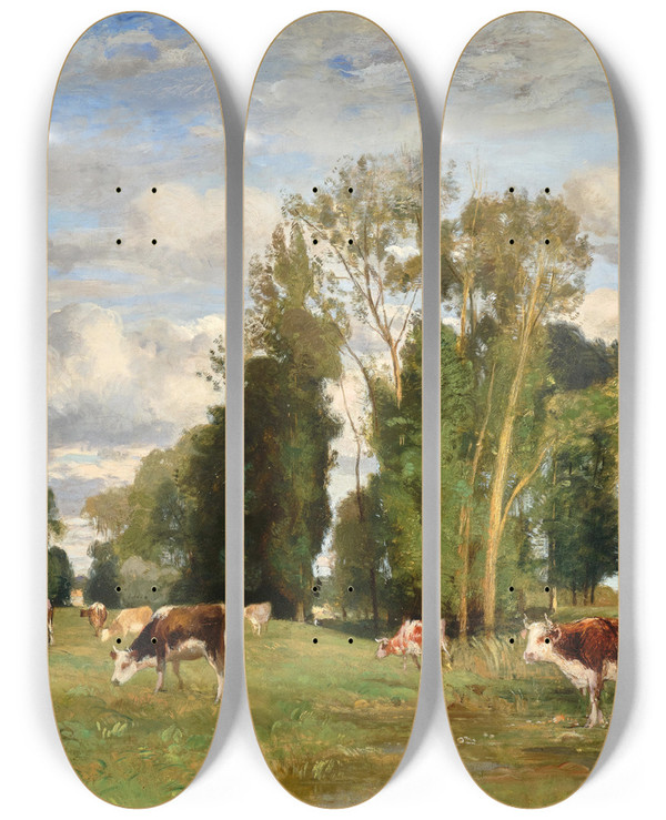 Triptych art skateboard deck of Eugen Jettel Weidende Khe by Eugen Jettel (1845-1901)