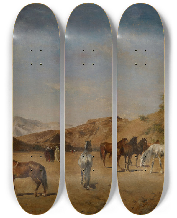 Triptych art skateboard deck of Eugne Fromentin An Arabian Camp by Eugene Fromentin (1820-1876)
