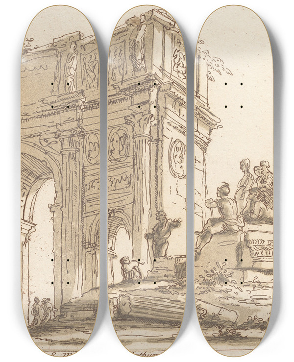 Triptych art skateboard deck of George Knapton Classical Scene_2 by George Knapton (1698-1778)