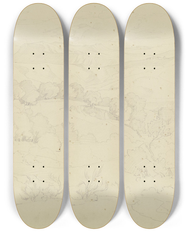 Triptych art skateboard deck of August Lucas Mountain Landscape Near Olevano_2 by August Lucas (1803-1863)