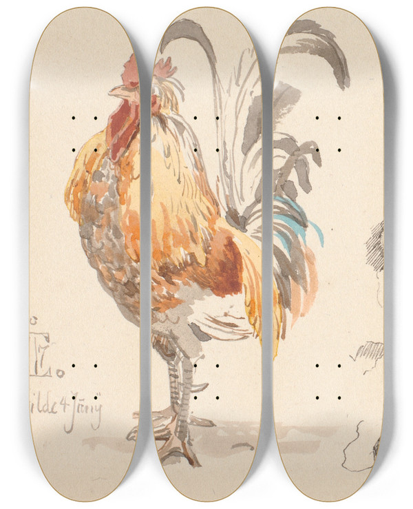 Triptych art skateboard deck of Johan Thomas Lundbye Studieblad Med En Hane Og En Skrppe by Johan Thomas Lundbye (1818-1848)