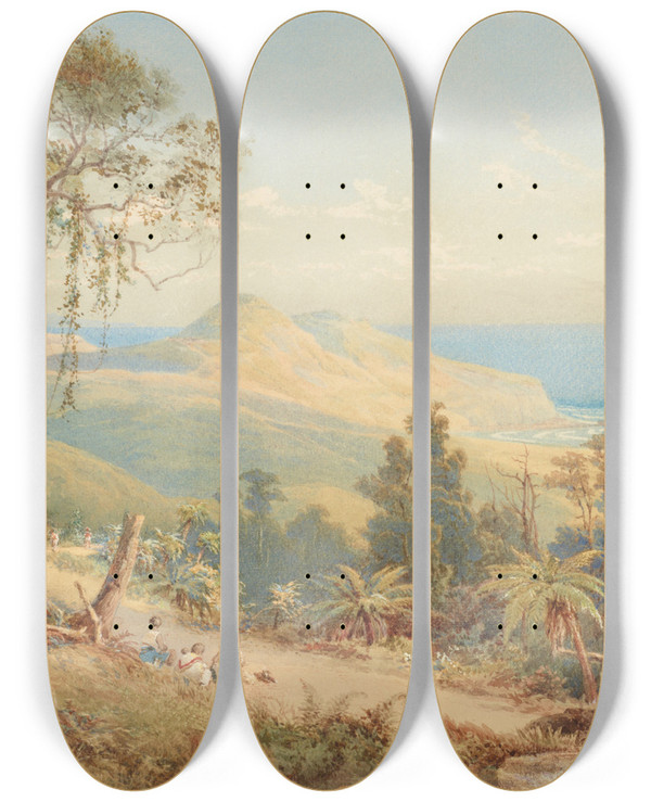 Triptych art skateboard deck of Nicholas Chevalier Sandfly Bay Otago by Nicholas Chevalier (1828-1902)