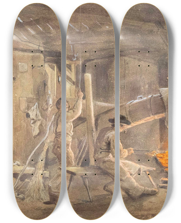 Triptych art skateboard deck of Carl Goebel In Der Schmiede by Carl Goebel (1824-1899)