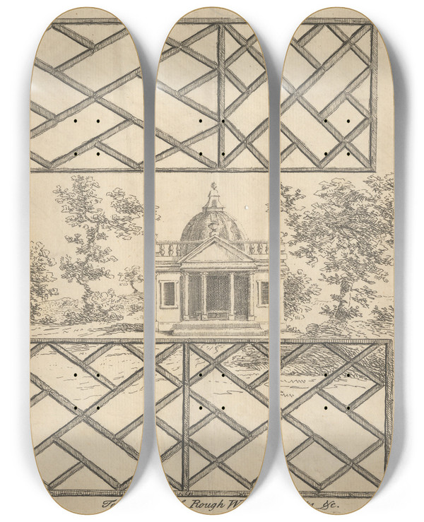 Triptych art skateboard deck of George Bickham The Elder Rails by George Bickham The Elder (1684-1758)