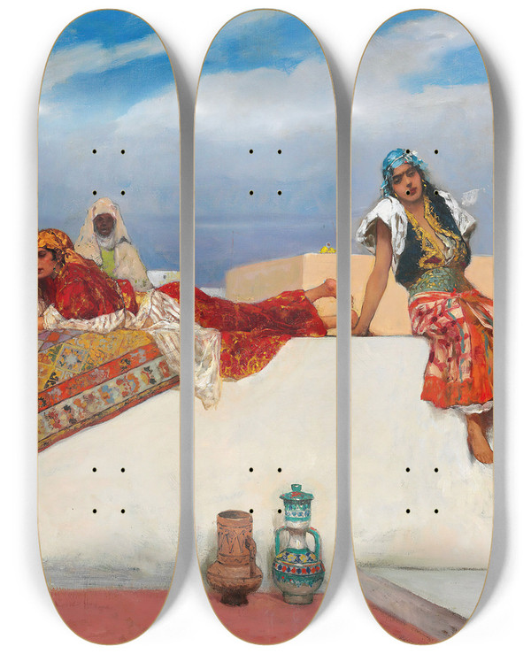 Triptych art skateboard deck of Jeanjosephbenjamin Constant An Afternoon Idyll by Jean-Joseph-Benjamin Constant (1845-1902)