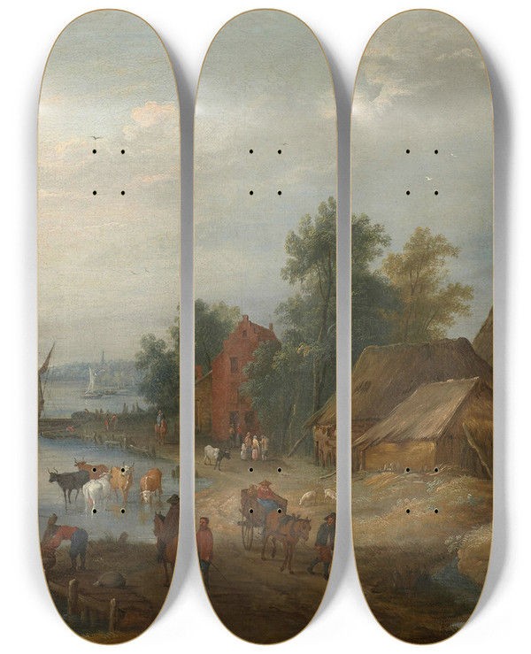 Triptych art skateboard deck of Theobald Michau Le Passage De La Rivire by Theobald Michau (1676-1765)