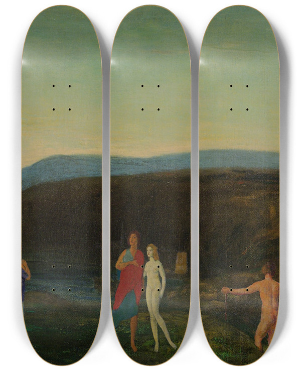 Triptych art skateboard deck of Arthur Bowen Davies Midsummer Evening by Arthur Bowen Davies (1862-1928)