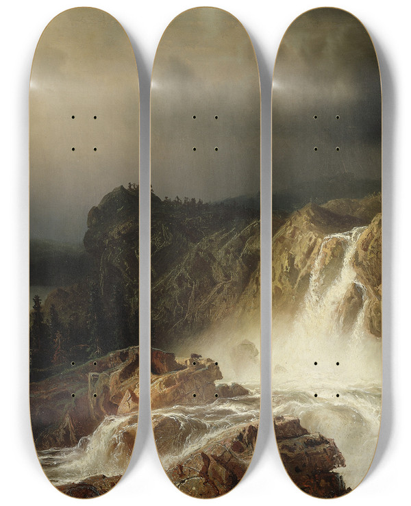 Triptych art skateboard deck of Marcus Larson Rocky Landscape With Waterfall by Marcus Larson (1825-1864)