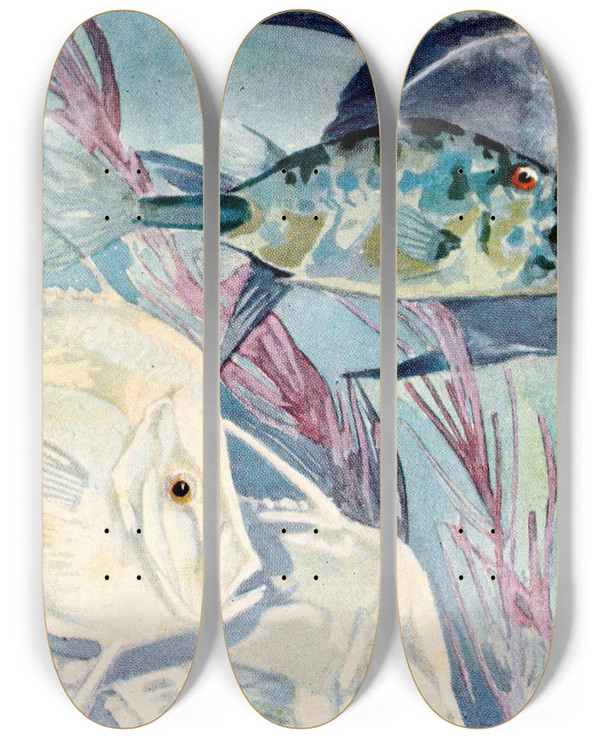 Triptych art skateboard deck of Stephen Haweis Moonfishes by Stephen Haweis (1878-1969)