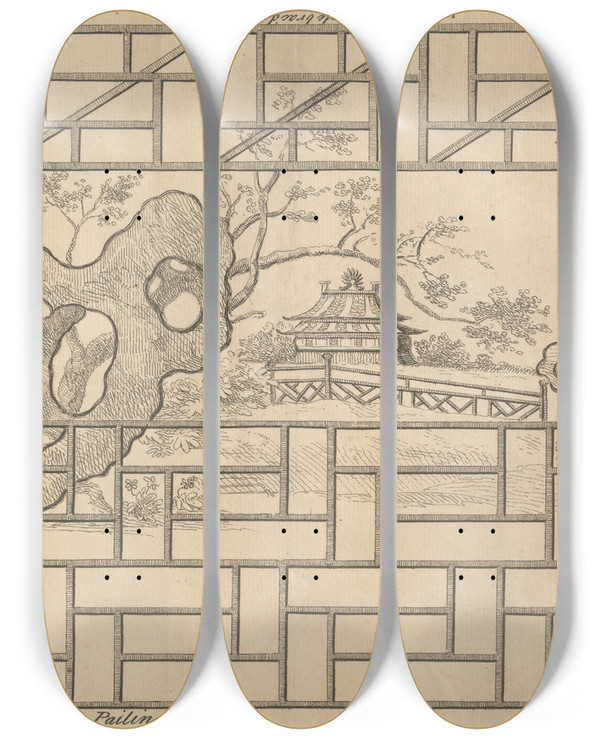Triptych art skateboard deck of George Bickham The Elder A Chinese Single Bracd Railing A Hedge Double Pailing Gate by George Bickham The Elder (1684-1758)