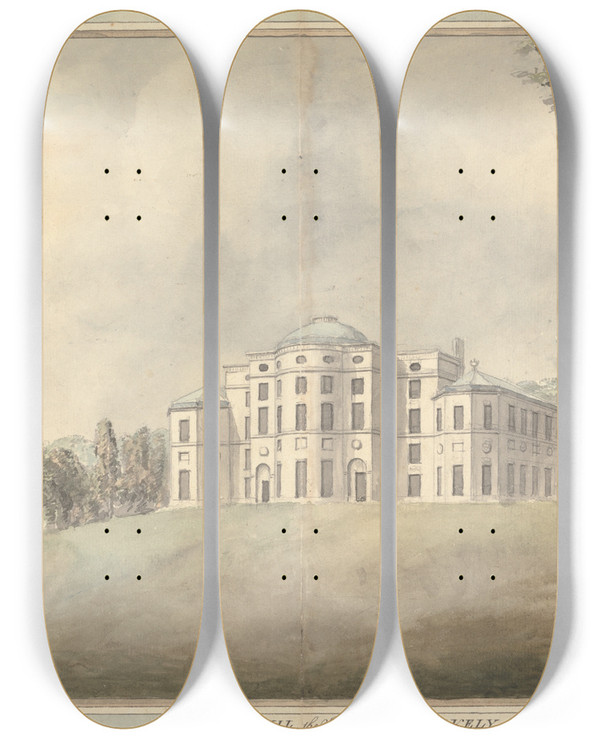 Triptych art skateboard deck of Moses Griffith View Of Baron Hill Anglesey Wales by Moses Griffith (1747-1819)