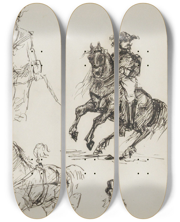 Triptych art skateboard deck of Marius Bauer Figuurstudies Onder Andere Van Een Ruiter En Matroos by Marius Bauer (1867-1932)