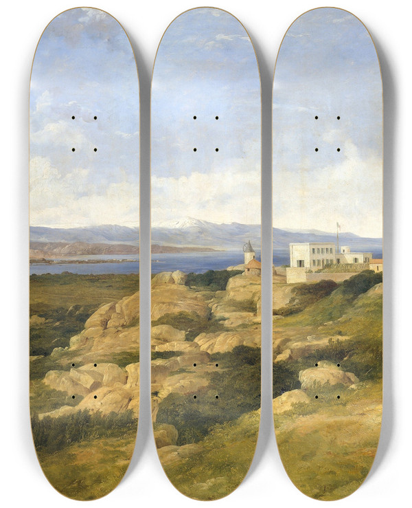 Triptych art skateboard deck of Frederick Richard Lee General Garibaldis Residence At Caprera_1 by Frederick Richard Lee (1798-1879)