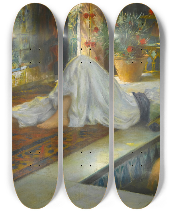 Triptych art skateboard deck of Ferdinand Max Bredt Afternoon Repose by Ferdinand Max Bredt (1860-1921)