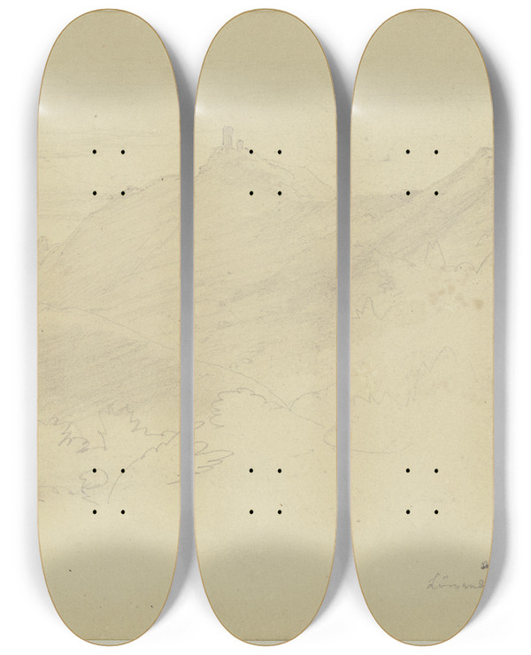 Triptych art skateboard deck of Jakob Becker Berglandschaft Mit Einer Burg by Jakob Becker (1810-1872)