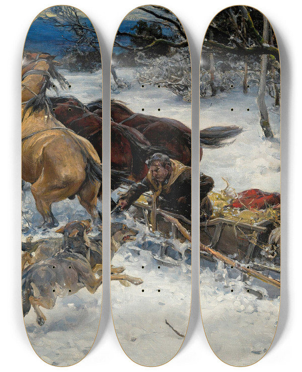 Triptych art skateboard deck of Alfred Von Wieruszkowalski A Sledge Under Attack By Wolves by Alfred Von Wierusz-Kowalski (1849-1915)