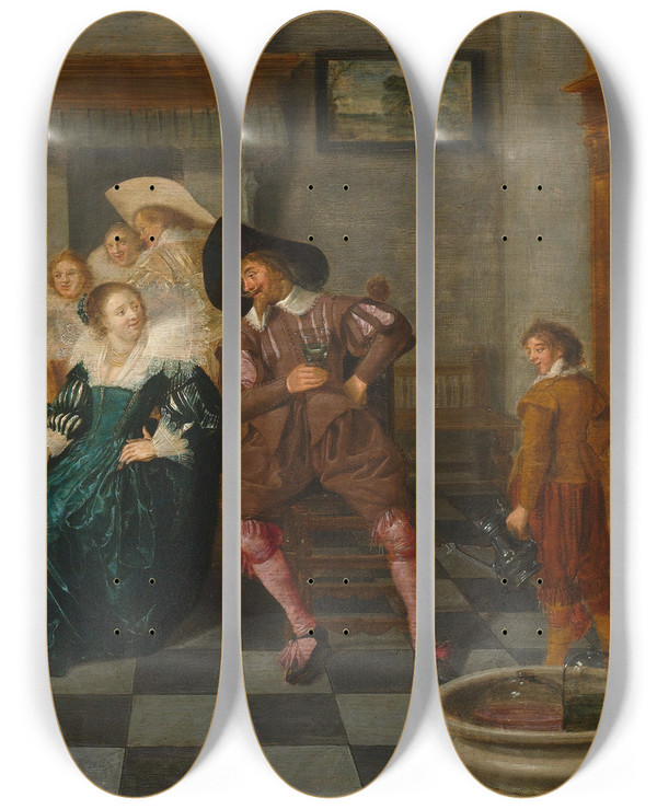 Triptych art skateboard deck of Dirck Hals A Banquet by Dirck Hals (1591-1656)
