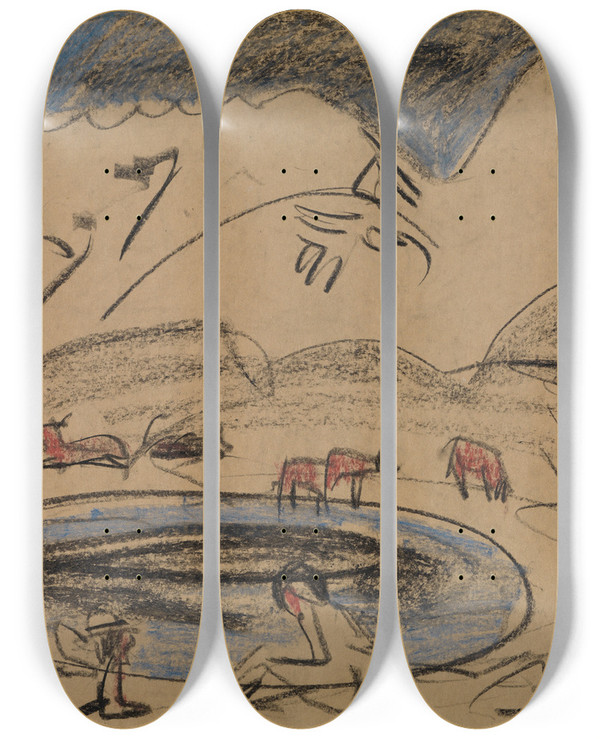 Triptych art skateboard deck of Ernst Ludwig Kirchner Bergsee by Ernst Ludwig Kirchner (1880-1938)