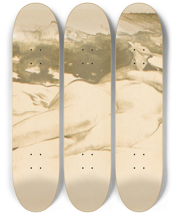 Triptych art skateboard deck of Huib Luns Liggende Naakte Vrouw Met Spiegel by Huib Luns (1881-1942)