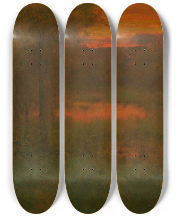 Triptych art skateboard deck of George Inness Landscape Sunset by George Inness (1825-1894)