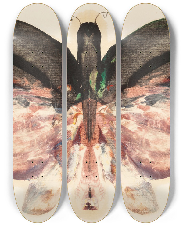Triptych art skateboard deck of Albert Bierstadt Pink Butterfly by Albert Bierstadt (1830-1902)