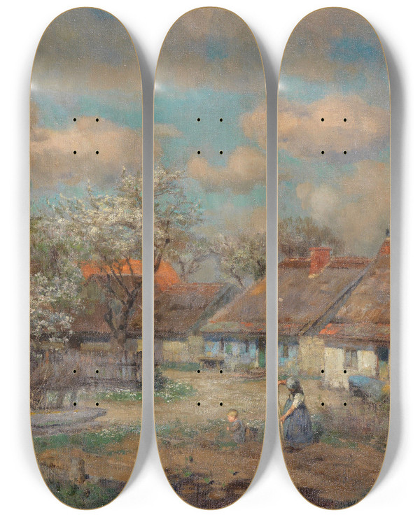 Triptych art skateboard deck of Georg Flad Ein Maitag Dorfansicht Mit Gemsegrten by Georg Flad (1853-1913)