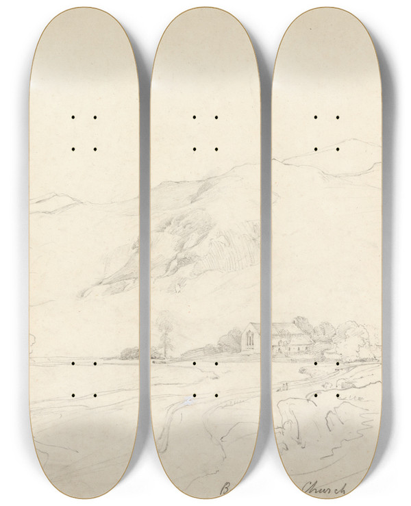 Triptych art skateboard deck of Cornelius Varley Beddgelert Church by Cornelius Varley (1781-1873)