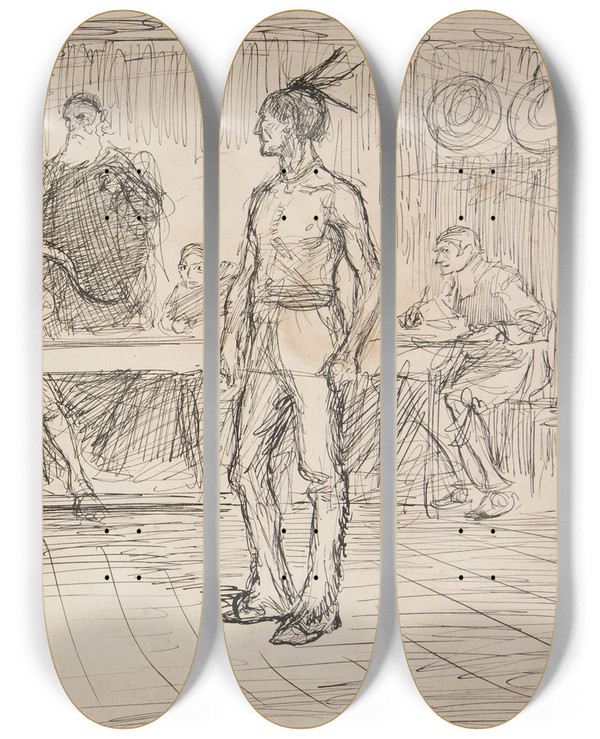 Triptych art skateboard deck of Edwin Austin Abbey Study For Miles Standishs Challenge by Edwin Austin Abbey (1852-1911)