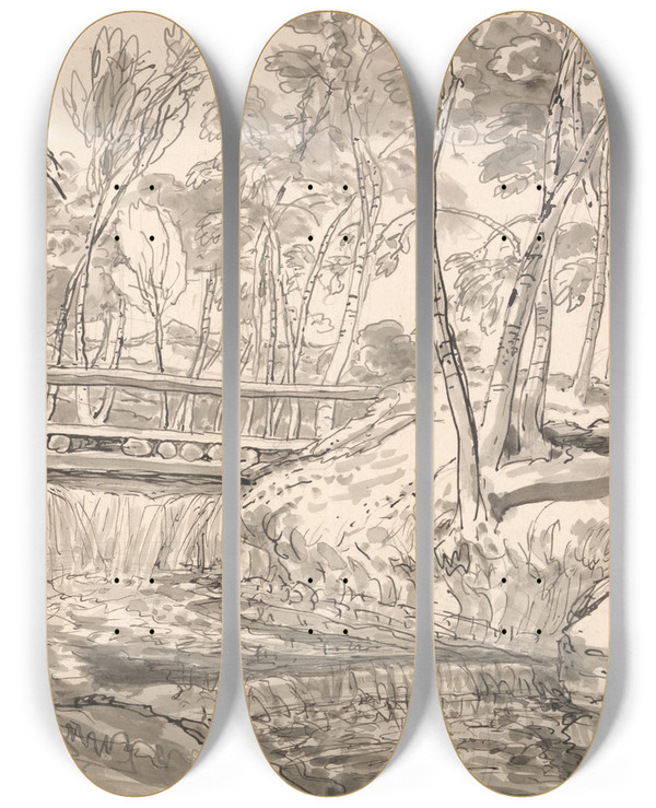 Triptych art skateboard deck of James Ward River Landscape With A Waterfall by James Ward (1769-1859)