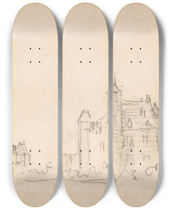 Triptych art skateboard deck of Jan Van Goyen A Castle On The Rhine by Jan Van Goyen (1596-1656)