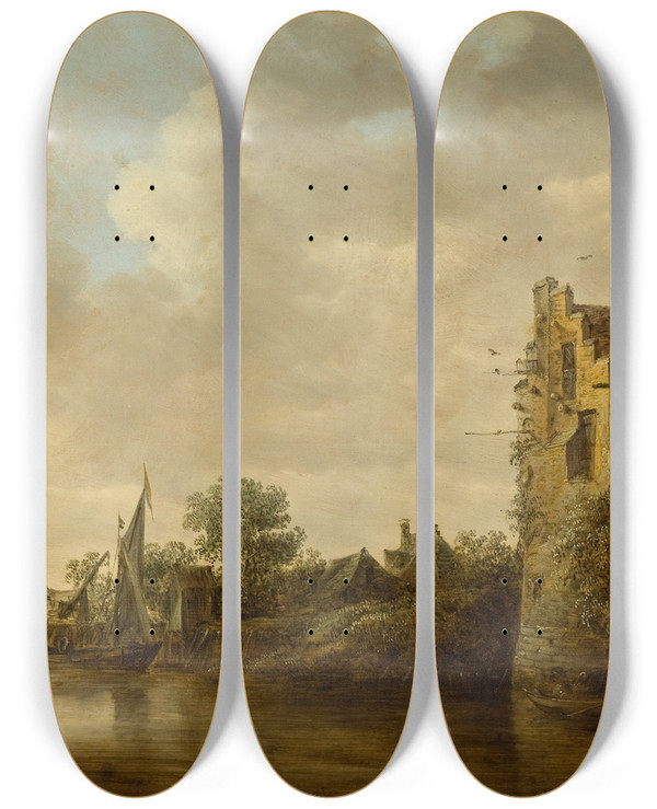 Triptych art skateboard deck of Jan Van Goyen Riverside With An Old Tower by Jan Van Goyen (1596-1656)