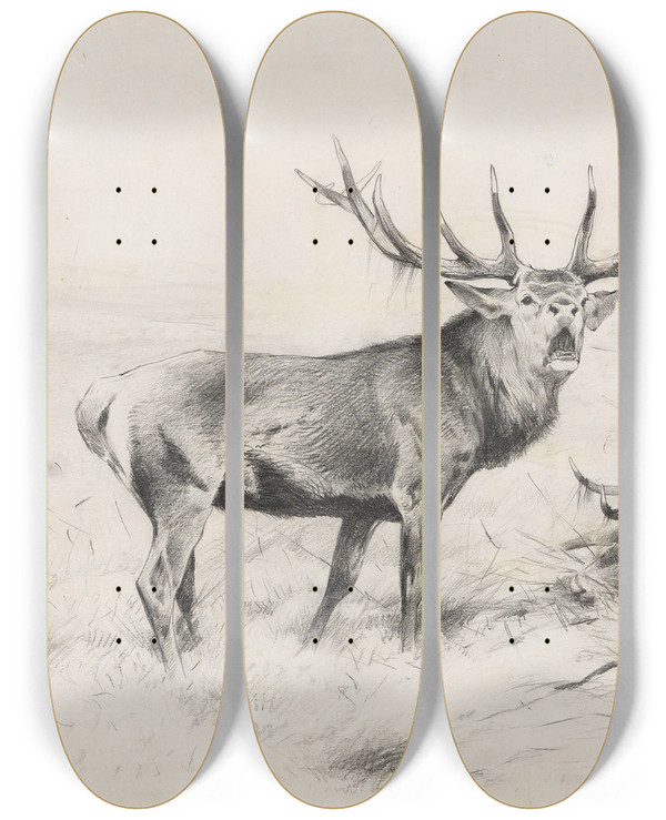 Triptych art skateboard deck of Wilhelm Kuhnert Besiegt Rothirsche by Wilhelm Kuhnert (1865-1926)