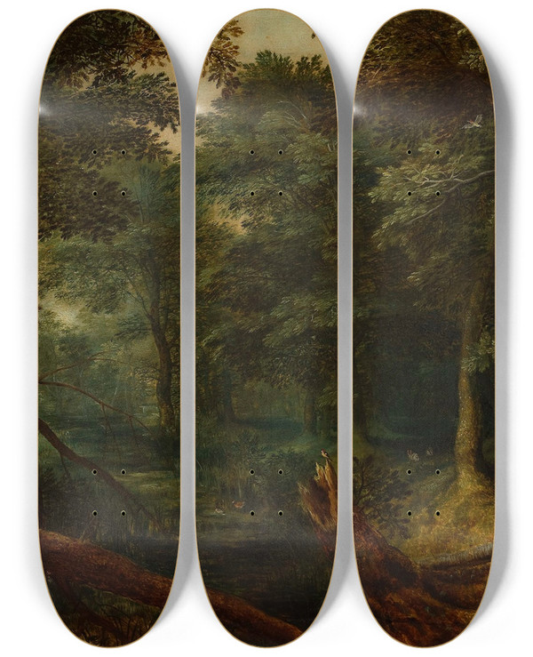 Triptych art skateboard deck of Jan Brueghel The Elder Landscape With Robbers Dividing The Loot by Jan Brueghel The Elder (1568-1625)