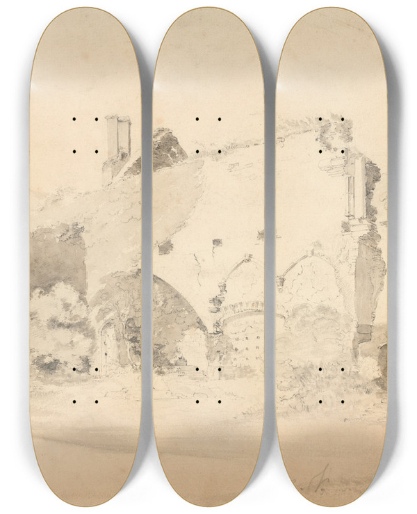 Triptych art skateboard deck of Cornelius Varley Raglan Castle by Cornelius Varley (1781-1873)