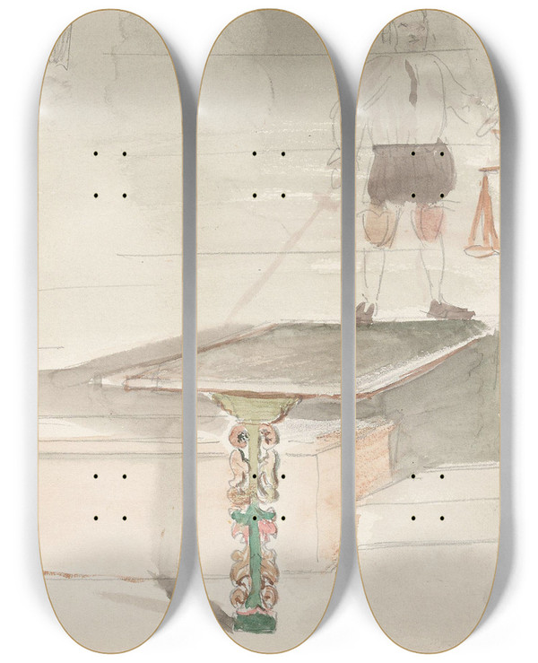 Triptych art skateboard deck of Adolph Tidemand Interir Med Mannsfigur by Adolph Tidemand (1814-1876)